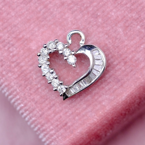 14K Real White Gold Elegant Small Heart Round & Baguette Genuine Diamonds Charm